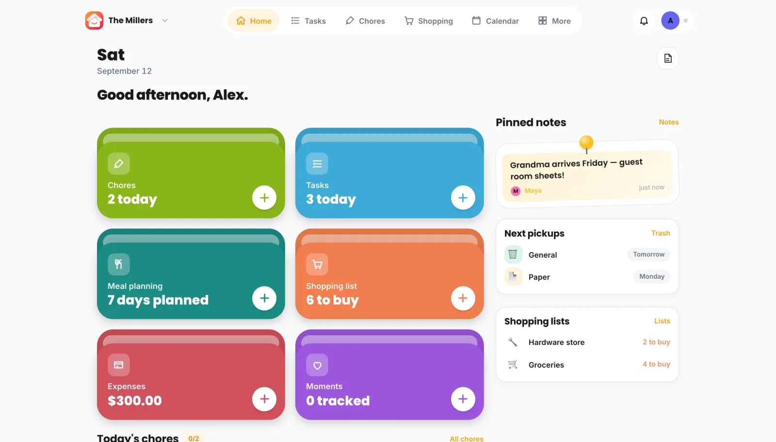 Homsys webapp i en browser: dagens pligter, opgaver, måltider og indkøb for hele husstanden